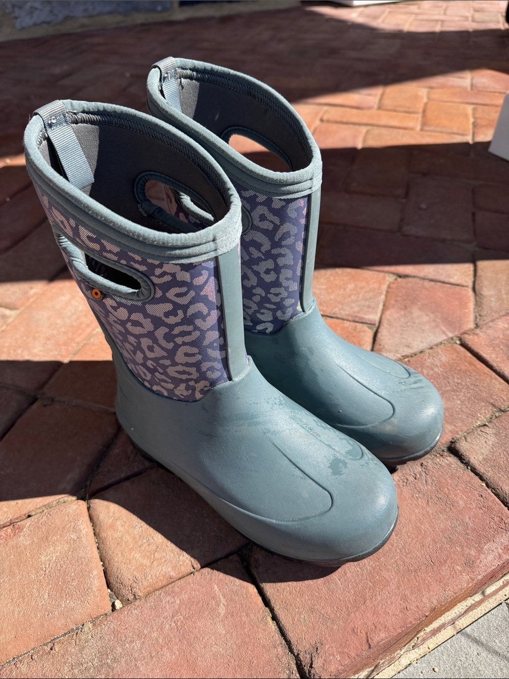 Bogs Kids Teal Rain Boots with Purple Leopard Print